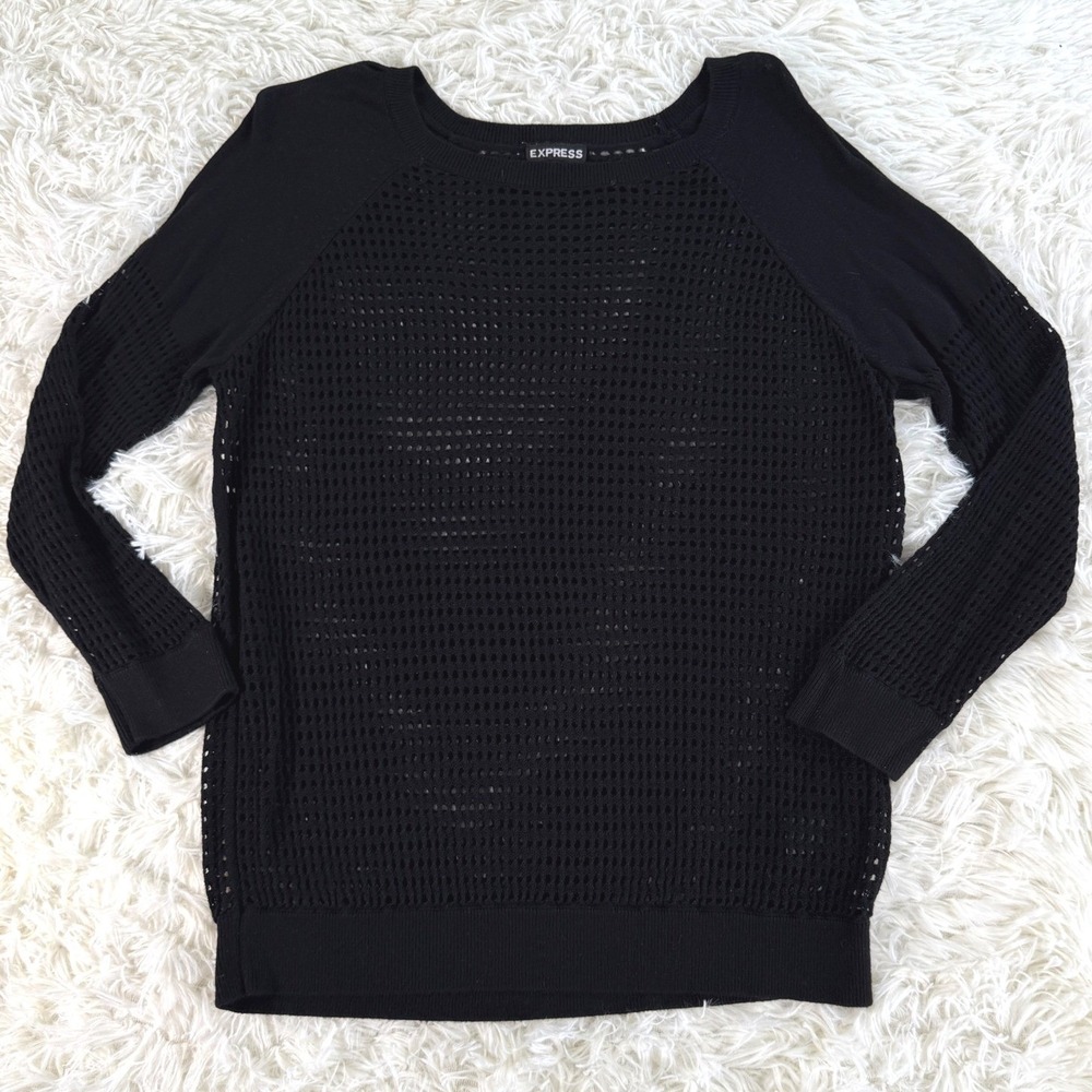 Express Womens Black Open Knit Mesh Raglan Sleeve Rayon Sweater Size Medium